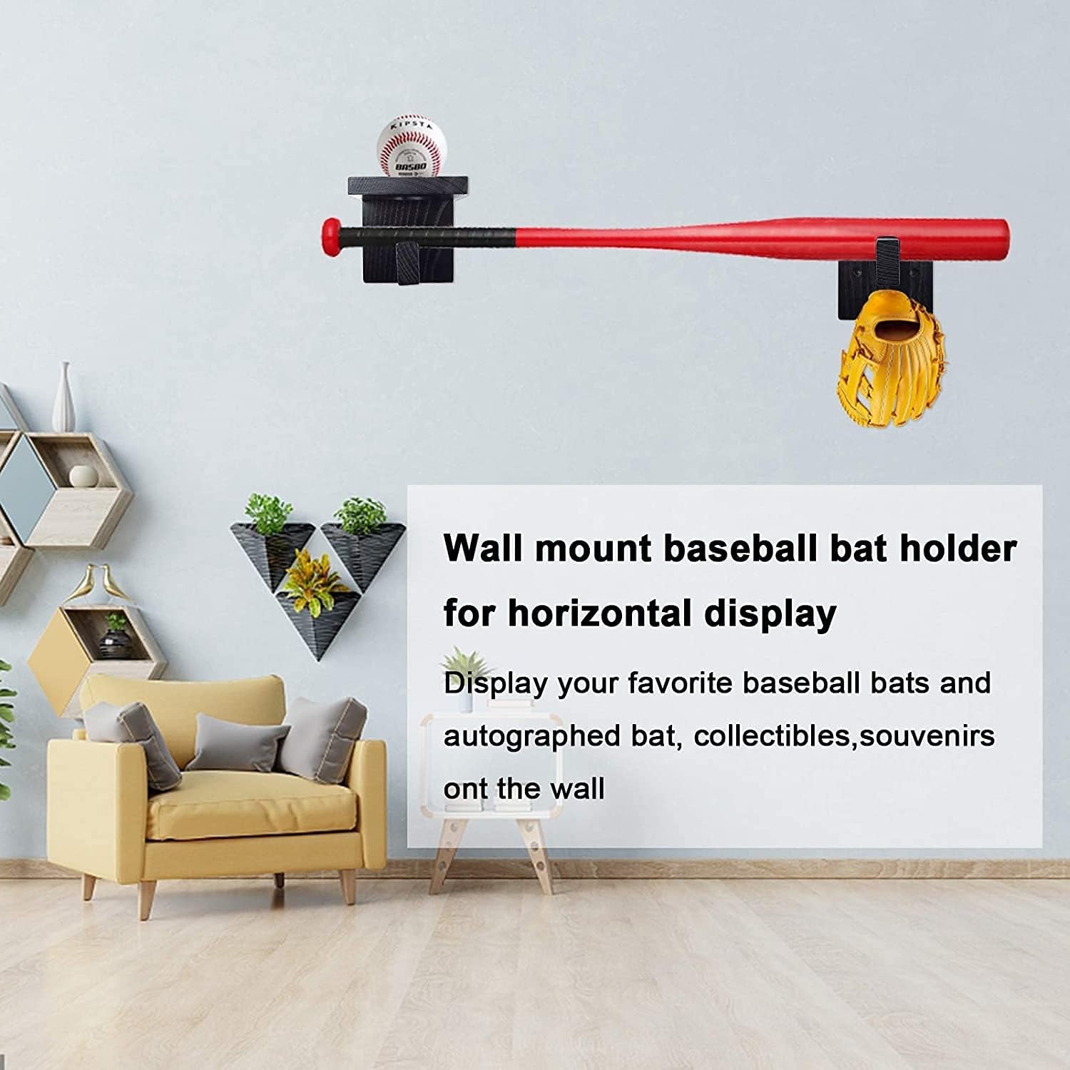 3-In-1 Wooden Baseball Bat Holder Stand, Softball Display Rack, Baseball Gloves Wall Hanger (Black)