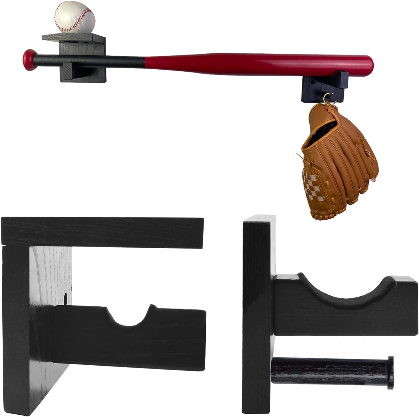 3-In-1 Wooden Baseball Bat Holder Stand, Softball Display Rack, Baseball Gloves Wall Hanger (Black)